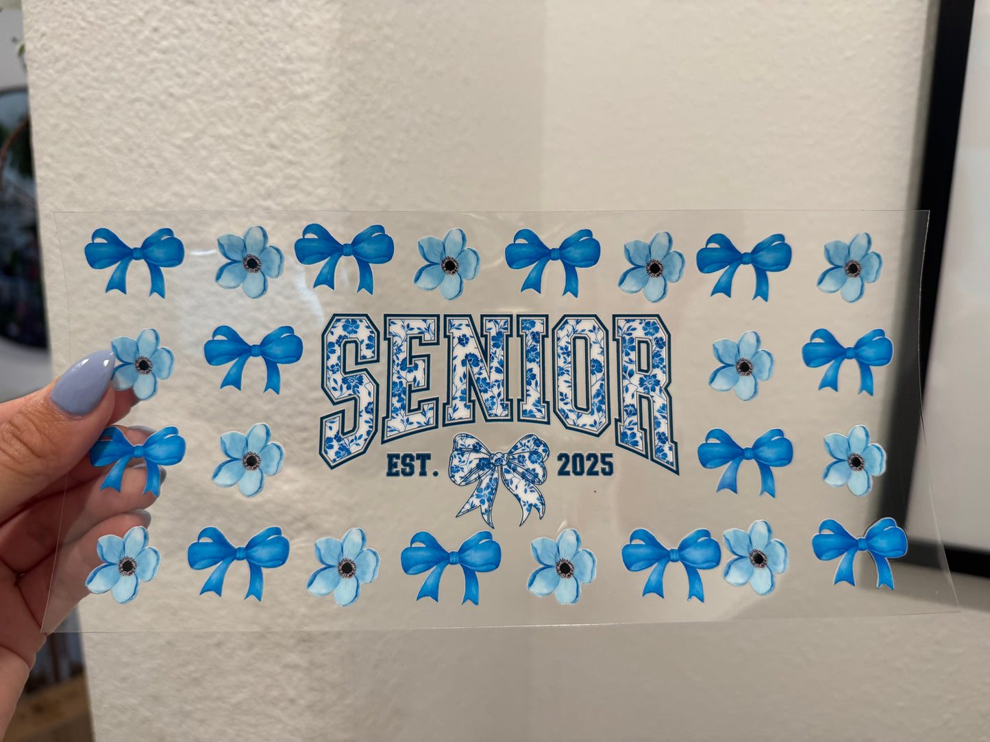 Senior Class of 2025 Blue Floral Coquette UV DTF Wrap Transfer 16oz | No Heat Needed | Waterproof | Permanent Adhesive