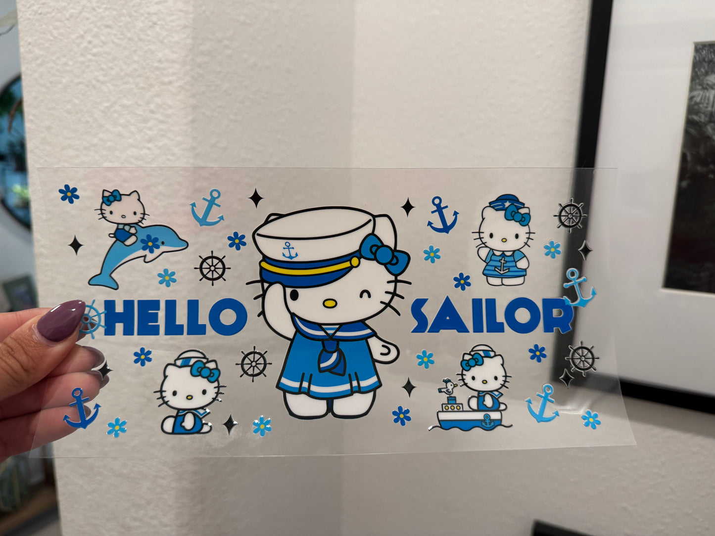Kitty Cartoon Hello Sailor UV DTF Wrap Transfer 16oz | No Heat Needed | Waterproof | Permanent Adhesive