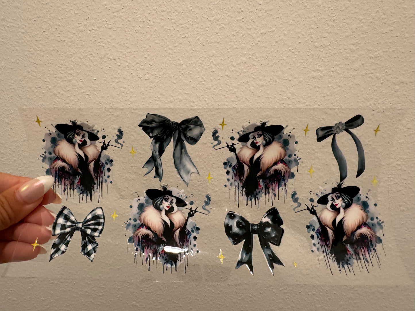 Cruella Deville Bows UV DTF Wrap Transfer 16oz | No Heat Needed | Waterproof | Permanent Adhesive