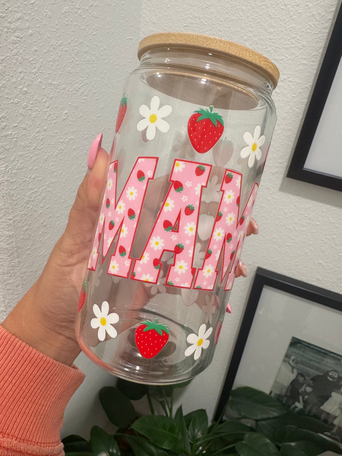 Strawberry Daisy Mama Bow Mom Mothers Day UV DTF Wrap Transfer 16oz | No Heat Needed | Waterproof | Permanent Adhesive