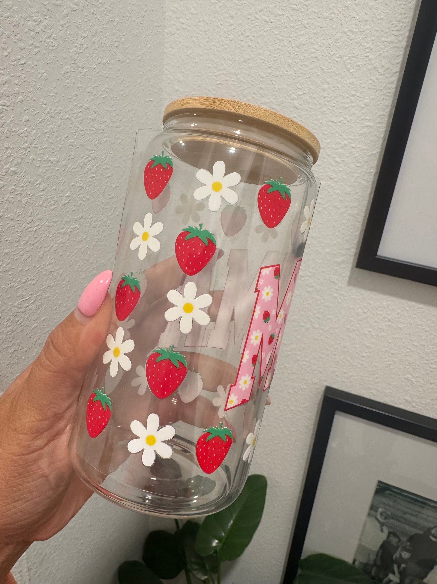 Strawberry Daisy Mama Bow Mom Mothers Day UV DTF Wrap Transfer 16oz | No Heat Needed | Waterproof | Permanent Adhesive