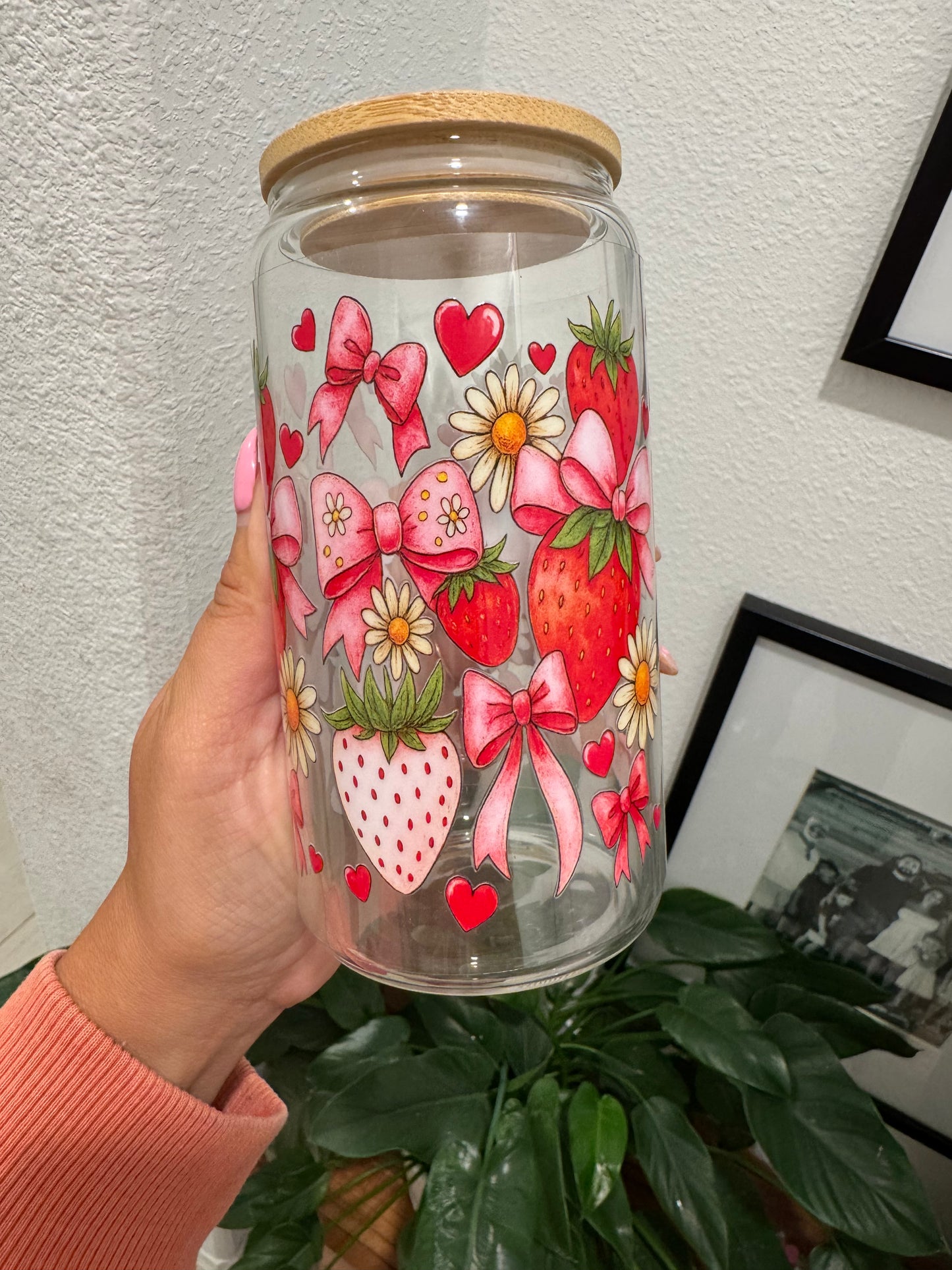 Strawberry Heart Bow Flower UV DTF Wrap Transfer 16oz | No Heat Needed | Waterproof | Permanent Adhesive
