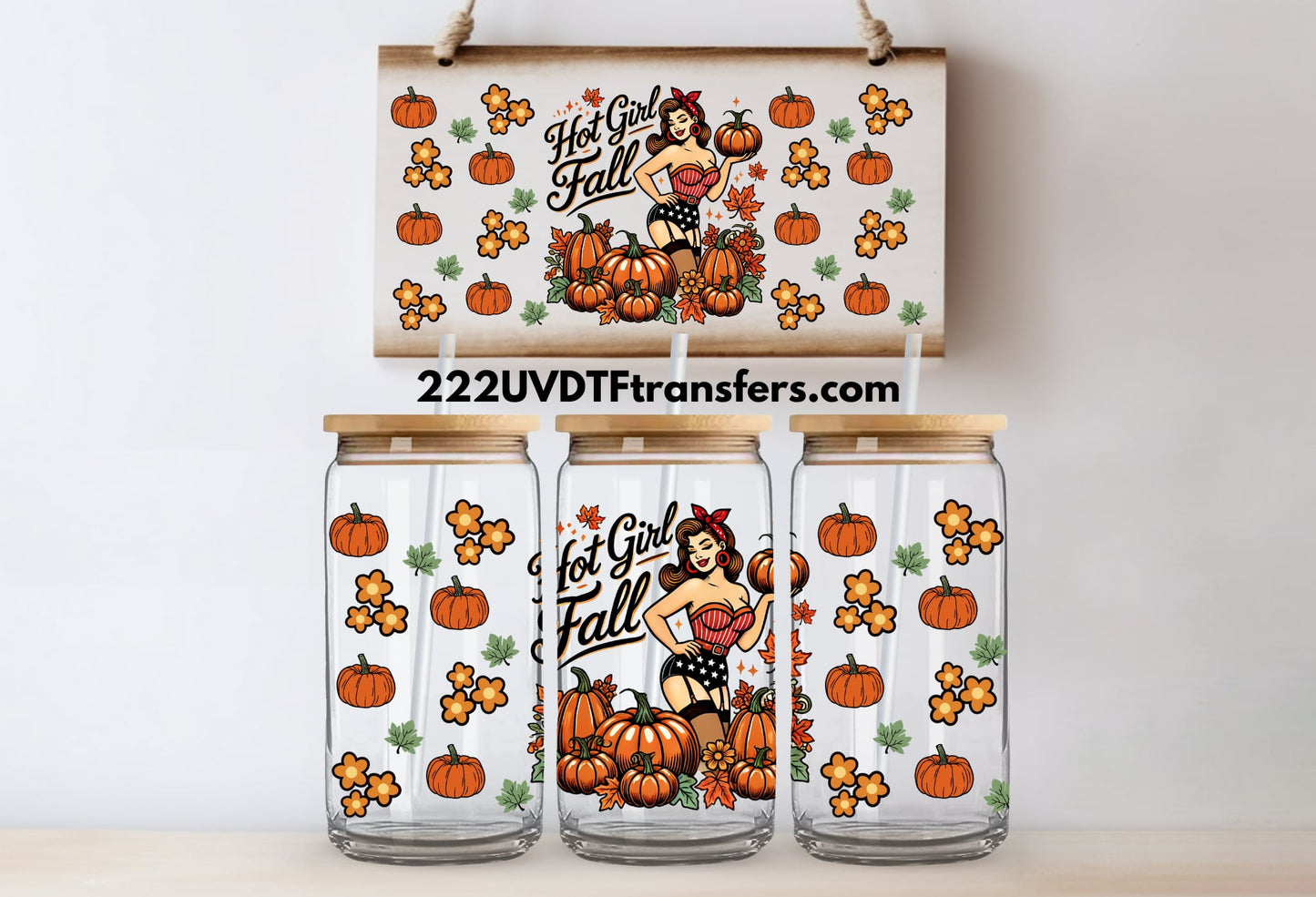 Hot Girl Fall Pumpkin Patch UV DTF Wrap Transfer 16oz | No Heat Needed | Waterproof | Permanent Adhesive