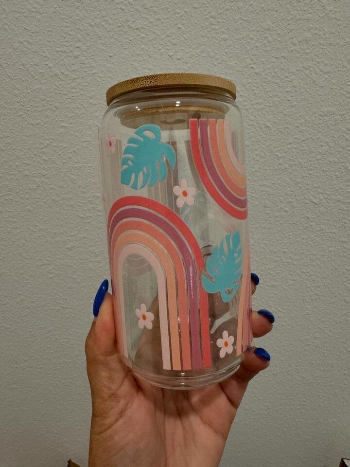 Retro Boho Rainbow Monstera UV DTF Wrap Transfer 16oz | No Heat Needed | Waterproof | Permanent Adhesive