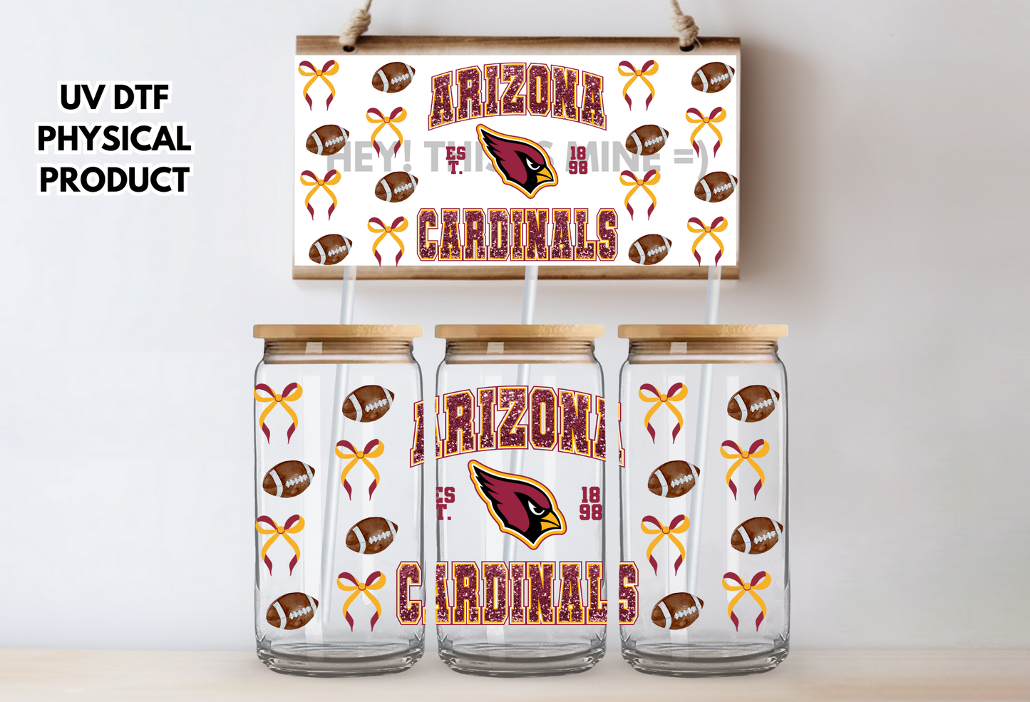 Arizona Cardinals Bows UV DTF Wrap Transfer 16oz |No Heat Needed | Waterproof | Permanent Adhesive