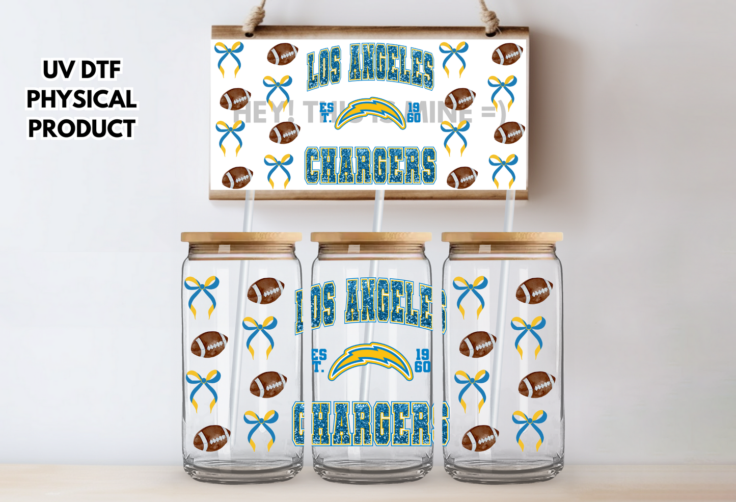 Los Angeles Chargers Bows UV DTF Wrap Transfer 16oz | No Heat Needed | Waterproof | Permanent Adhesive