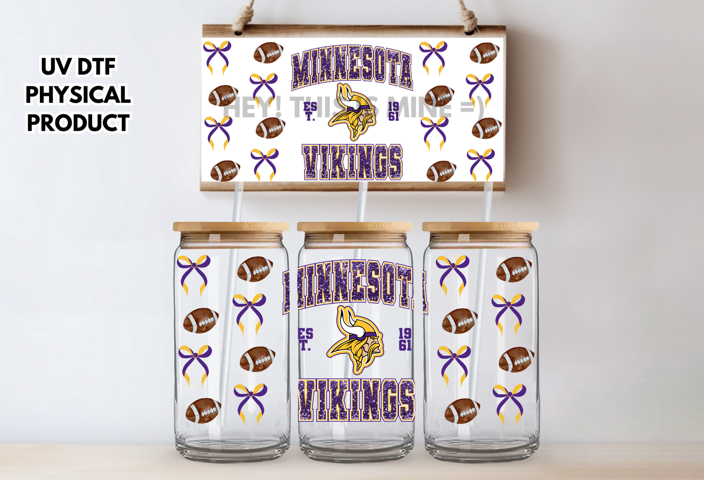 Minnestoa Vikings Bows UV DTF Wrap Transfer 16oz |No Heat Needed | Waterproof | Permanent Adhesive