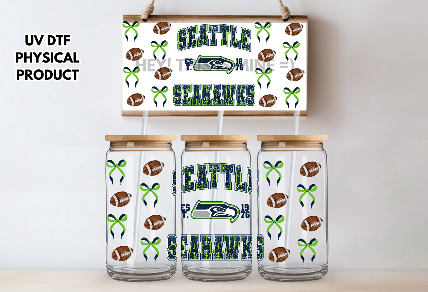 Seattle Seahawks Bows UV DTF Wrap Transfer 16oz |No Heat Needed | Waterproof | Permanent Adhesive
