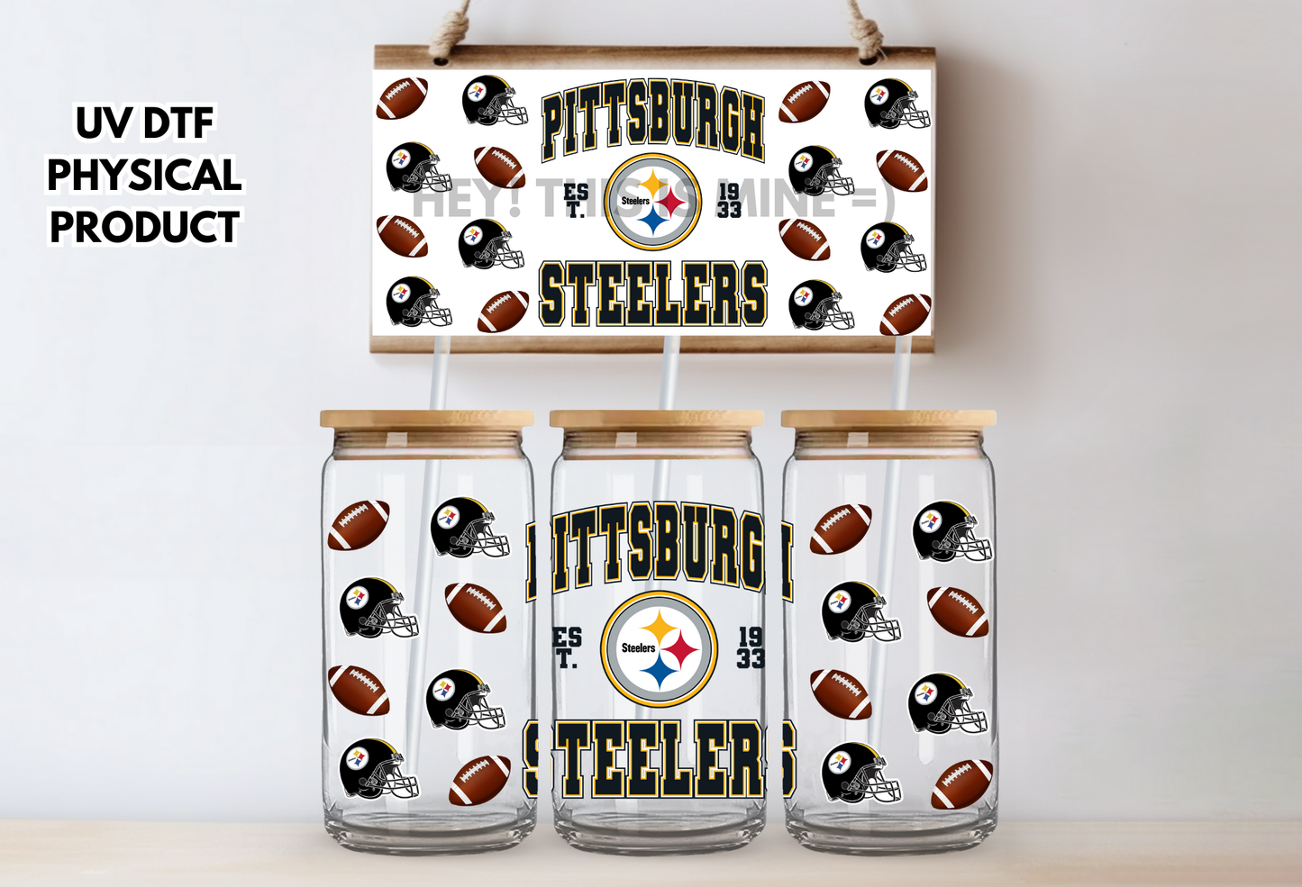 Pittsburgh Steelers Helmets UV DTF Wrap Transfer 16oz |No Heat Needed | Waterproof | Permanent Adhesive