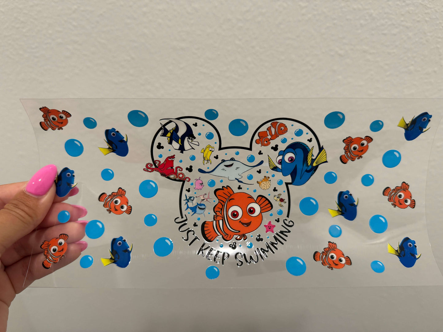 Finding Nemo Just Keep Swimming Bubbles UV DTF Wrap Transfer 16oz | No Heat Needed | Waterproof | Permanent Adhesive