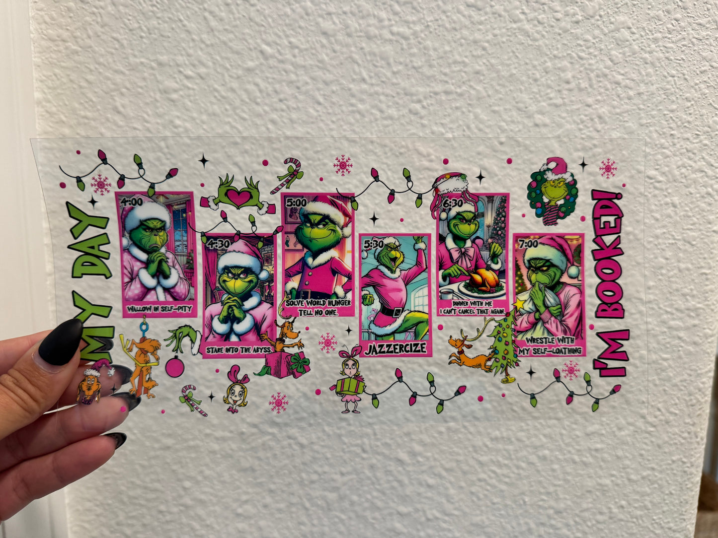 Grinch Christmas Pink Tarot Cards I’m Booked UV DTF Wrap Transfer 16oz | No Heat Needed | Waterproof | Permanent Adhesive