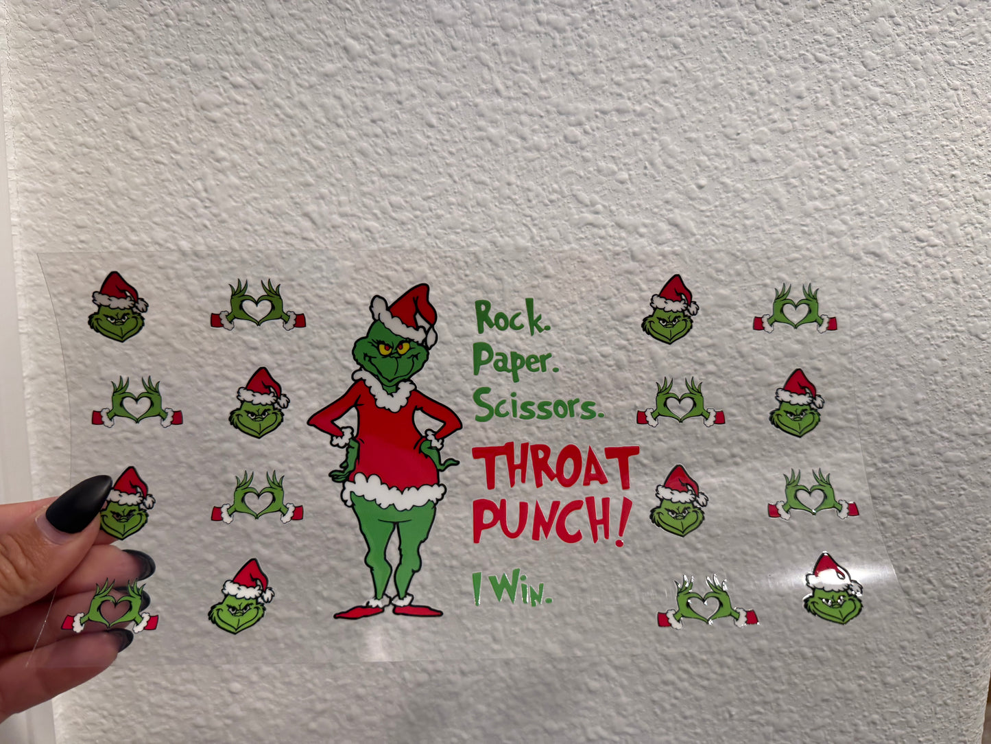 Christmas Grinch Rock Paper Scissors Throat Punch I Win UV DTF Wrap Transfer 16oz | No Heat Needed | Waterproof | Permanent Adhesive