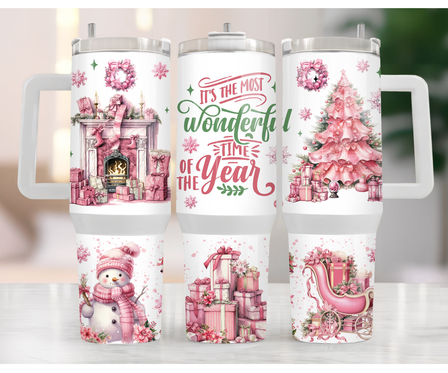 It’s the Most Wonderful Time of the Year Pink 40 oz Christmas Tumbler with handle