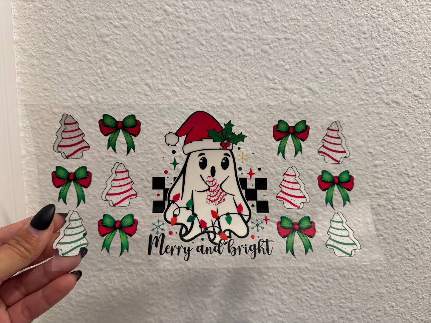 Merry and Bright Christmas Tree Snack Ghost UV DTF Wrap Transfer 16oz | No Heat Needed | Waterproof | Permanent Adhesive