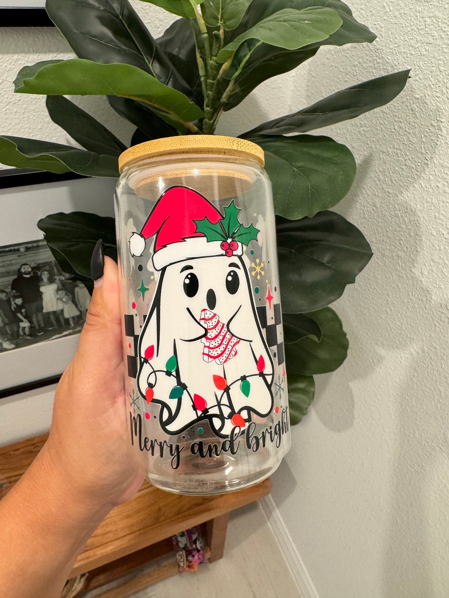 Merry and Bright Christmas Tree Snack Ghost UV DTF Wrap Transfer 16oz | No Heat Needed | Waterproof | Permanent Adhesive