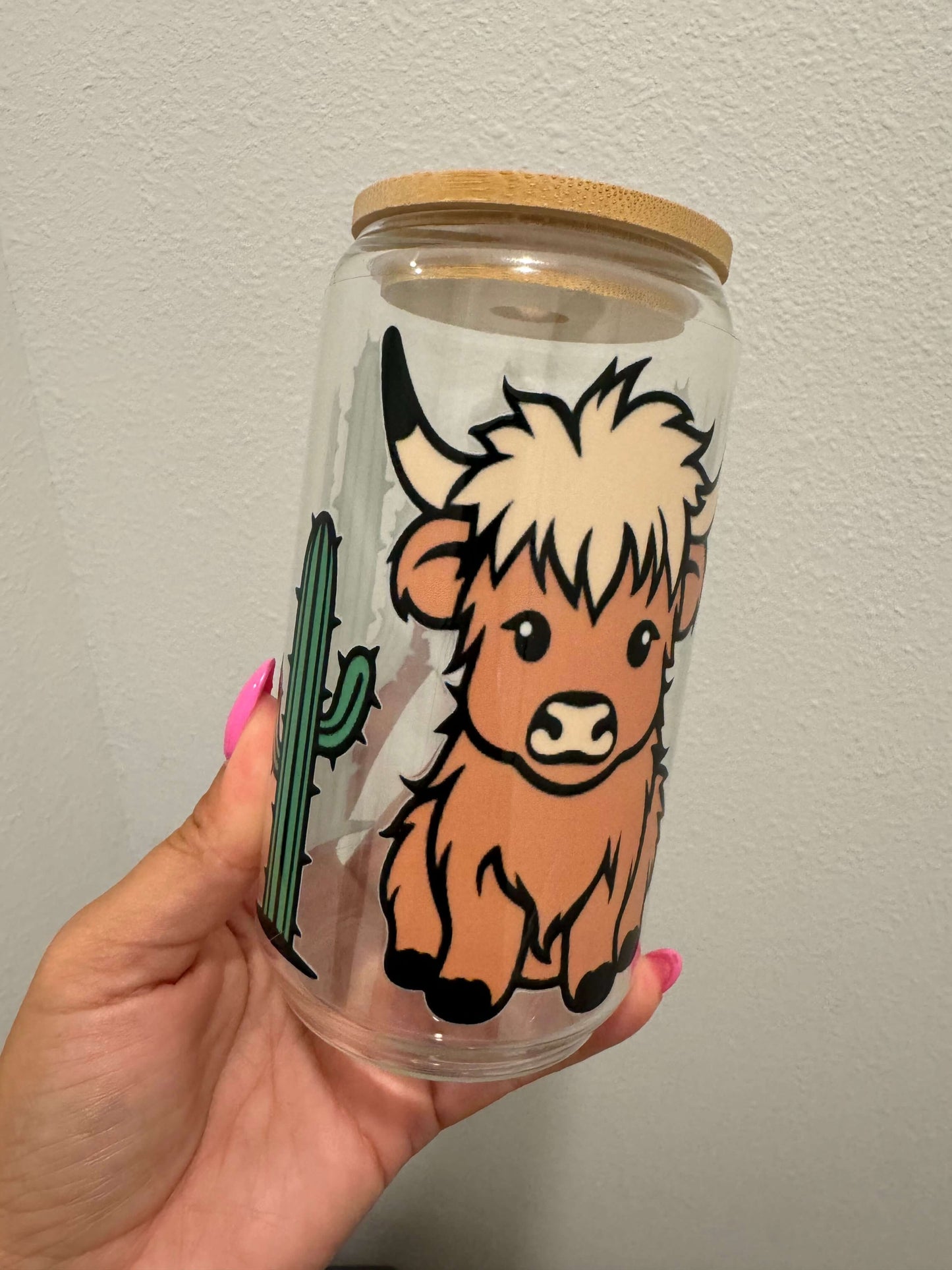 Highland Cow Large Cactus UV DTF Wrap Transfer 16oz | No Heat Needed | Waterproof | Permanent Adhesive