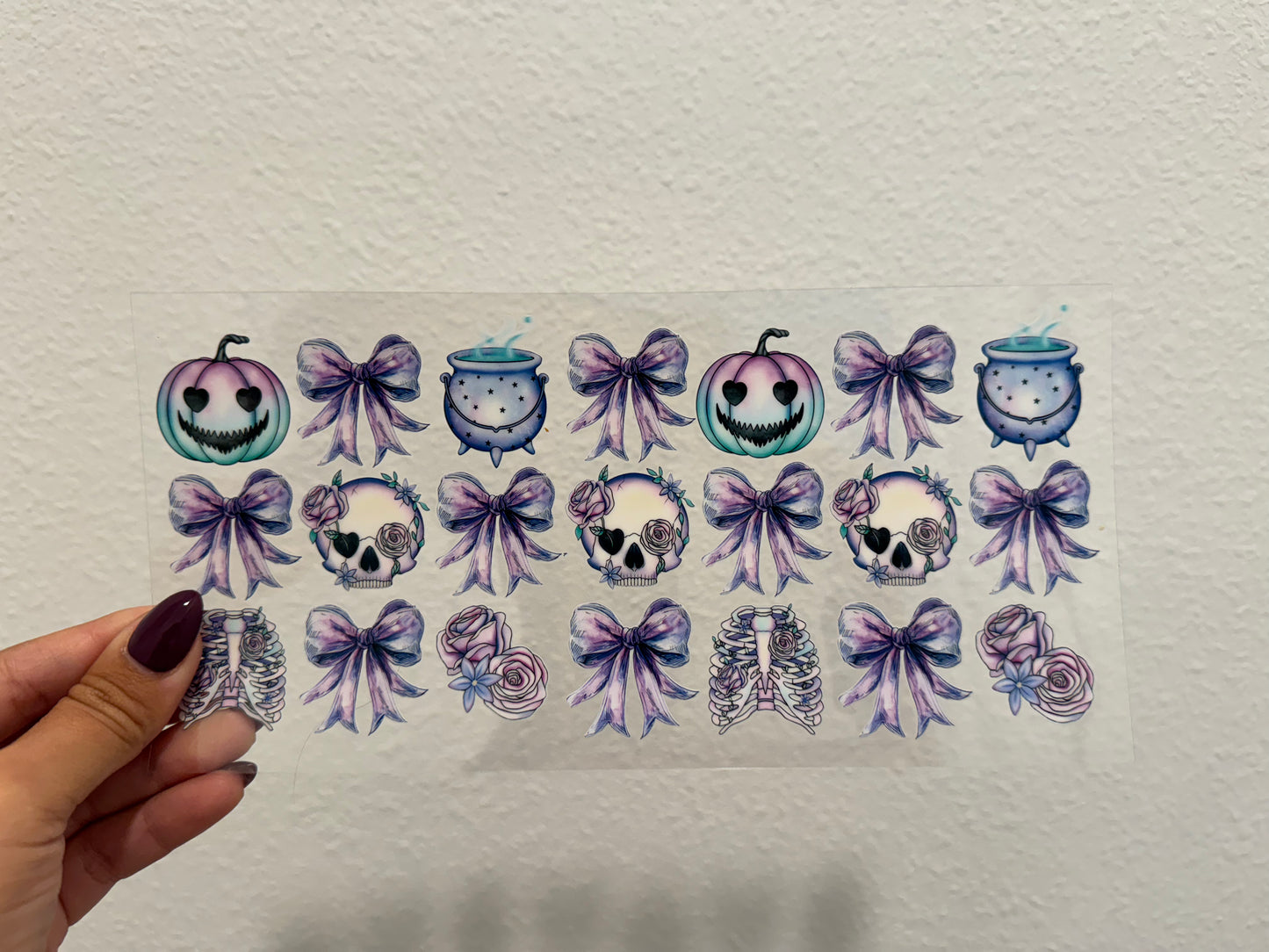 Purple Pumpkin and Skull Halloween Bows UV DTF Wrap Transfer 16oz | No Heat Needed | Waterproof | Permanent Adhesive