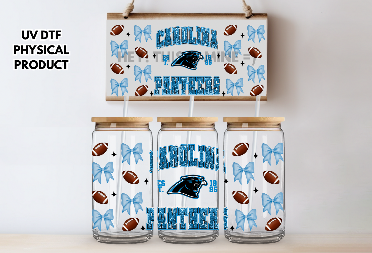 Panthers Footballs and Bows UV DTF Wrap Transfer 16oz | No Heat Needed | Waterproof | Permanent Adhesive