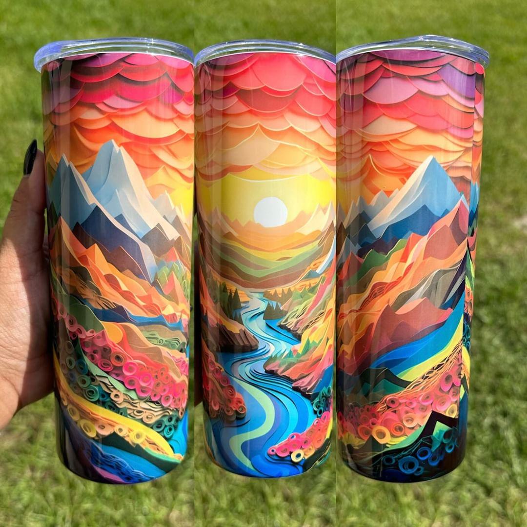 3D Mountain River Sunset 20oz Tumbler