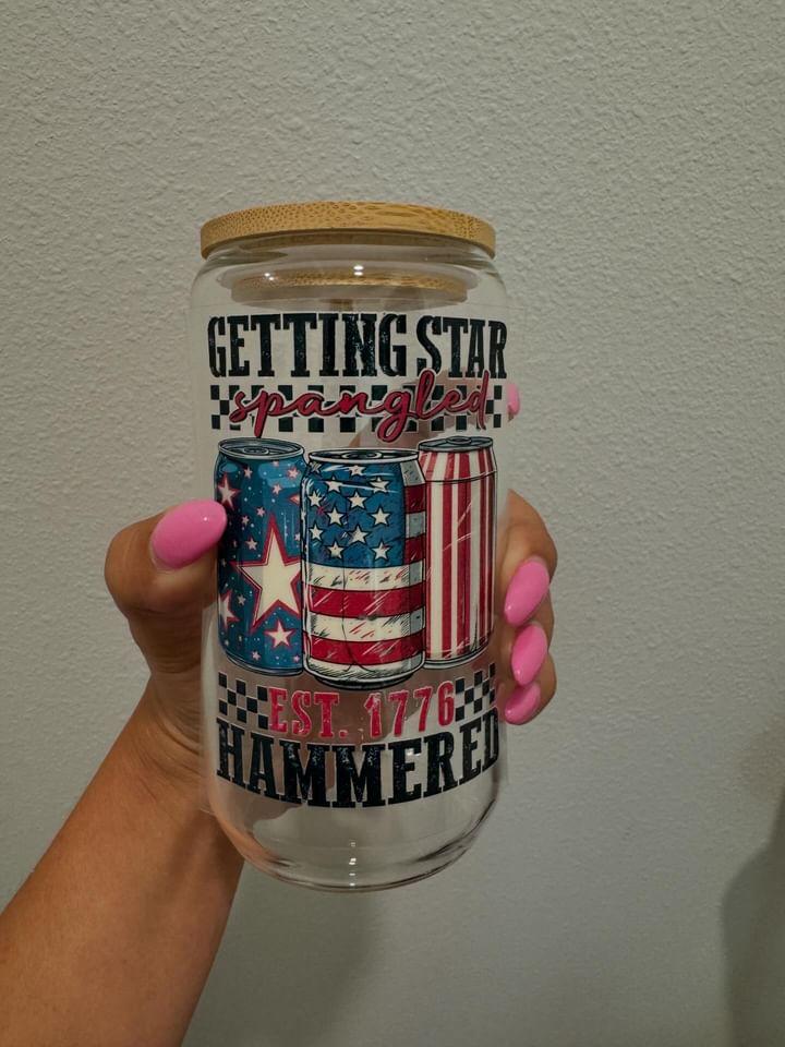 Star Spangled Hammered UV DTF Wrap Transfer 16oz Pint Glass Beer Mug | No Heat Needed | Waterproof | Permanent Adhesive