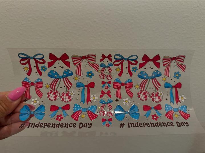 America Independence Day Red White Blue Bows UV DTF Wrap Transfer 16oz | No Heat Needed | Waterproof | Permanent Adhesive