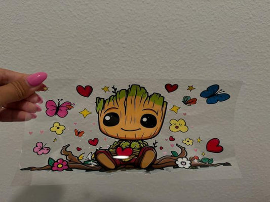 Baby Groot Red Hearts UV DTF Wrap Transfer 16oz | No Heat Needed | Waterproof | Permanent Adhesive