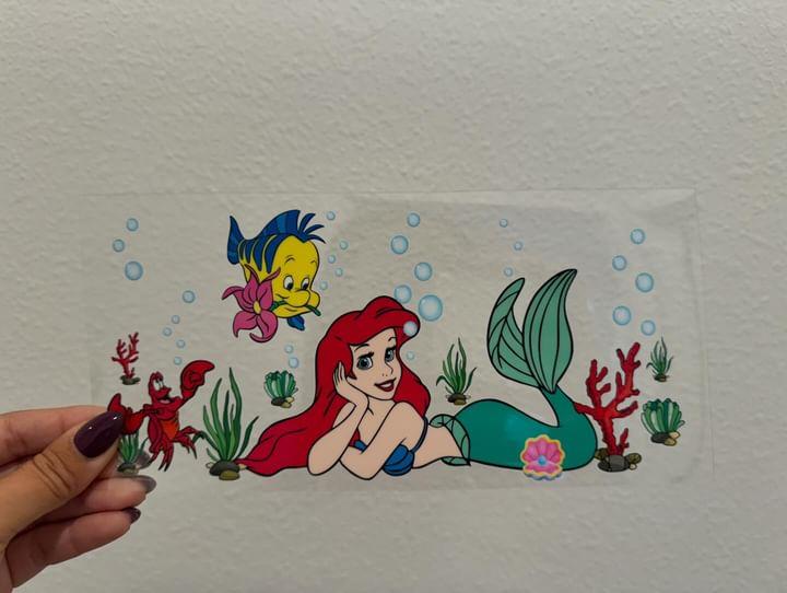 Disney Little Mermaid Ariel Laying with Flounder Sebastian UV DTF Wrap Transfer 16oz | No Heat Needed | Waterproof | Permanent Adhesive