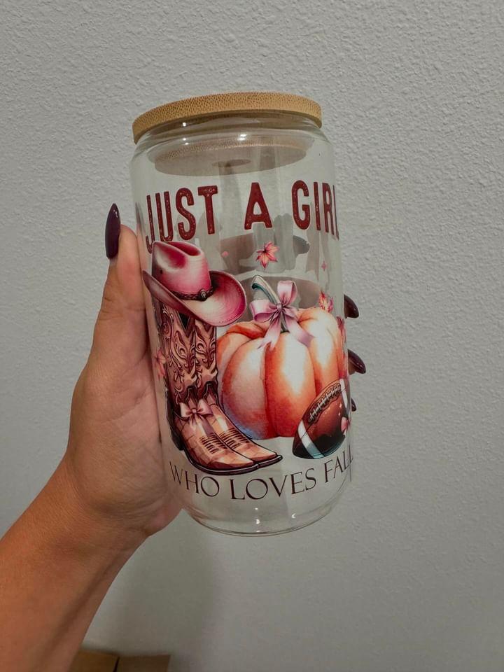 Just A Girl Who Loves Fall Pumpkin Football UV DTF Wrap Transfer 16oz | No Heat Needed | Waterproof | Permanent Adhesive