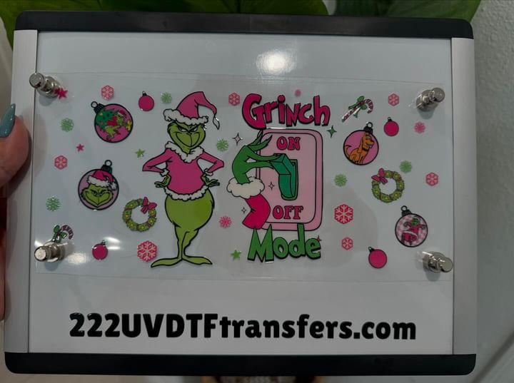 Christmas Pink Grinch Mode On UV DTF Wrap Transfer 16oz | No Heat Needed | Waterproof | Permanent Adhesive