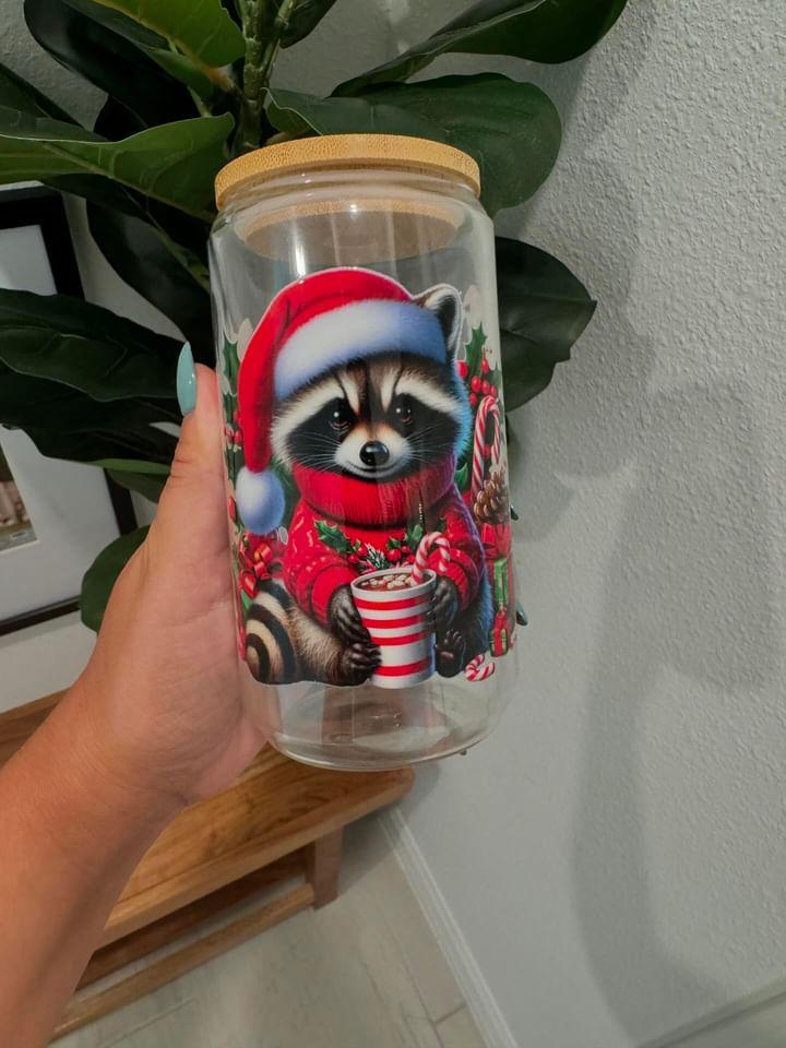 Christmas Raccoons with Santa Hats UV DTF Wrap Transfer 16oz | No Heat Needed | Waterproof | Permanent Adhesive