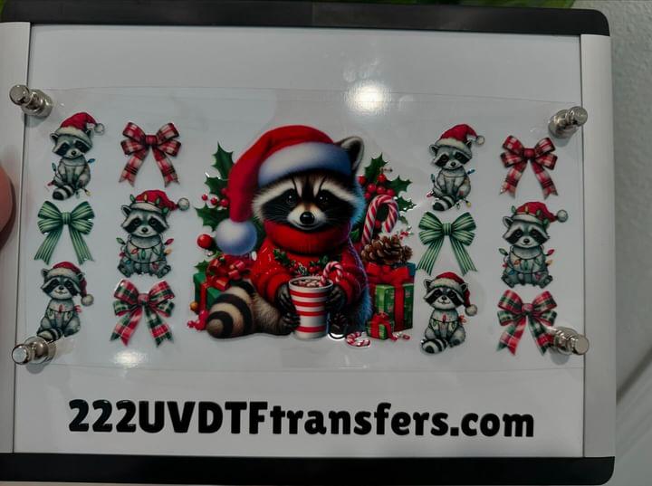 Christmas Raccoons with Santa Hats UV DTF Wrap Transfer 16oz | No Heat Needed | Waterproof | Permanent Adhesive