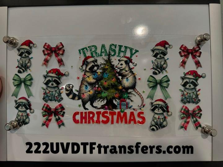 Christmas Trashy Christmas Raccoon Opossum UV DTF Wrap Transfer 16oz | No Heat Needed | Waterproof | Permanent Adhesive