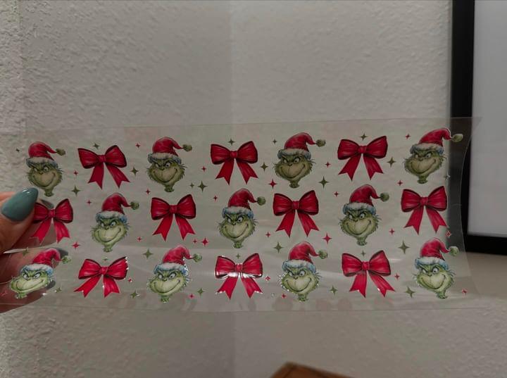 Grinch Christmas Bows UV DTF Wrap Transfer 16oz | No Heat Needed | Waterproof | Permanent Adhesive