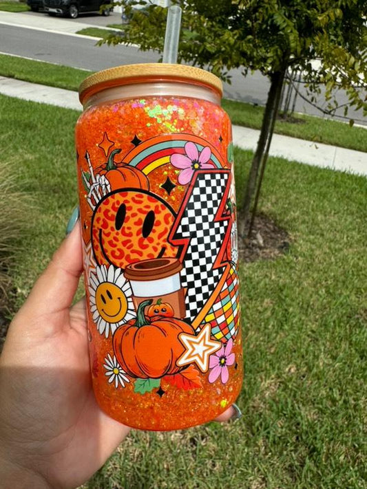 Fall Retro Pumpkin Checkered Lightning 16 ounce Snowglobe Glitter Jar