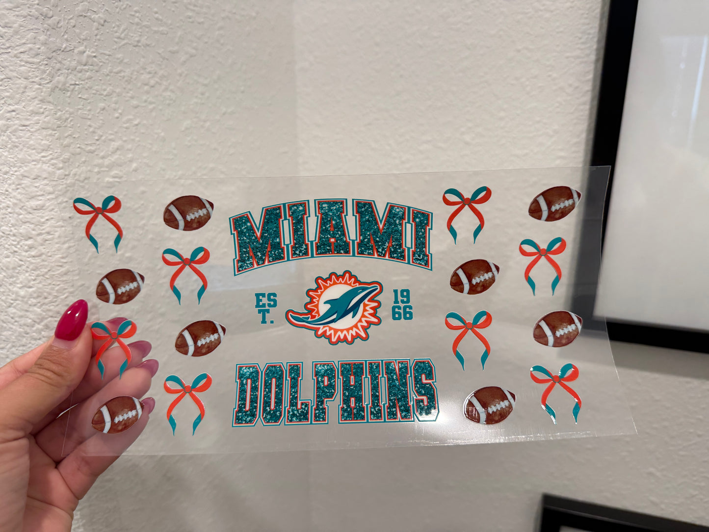Miami Dolphins Bows UV DTF Wrap Transfer 16oz | No Heat Needed | Waterproof | Permanent Adhesive
