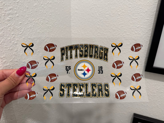 Pittsburgh Steelers Bows UV DTF Wrap Transfer 16oz |No Heat Needed | Waterproof | Permanent Adhesive