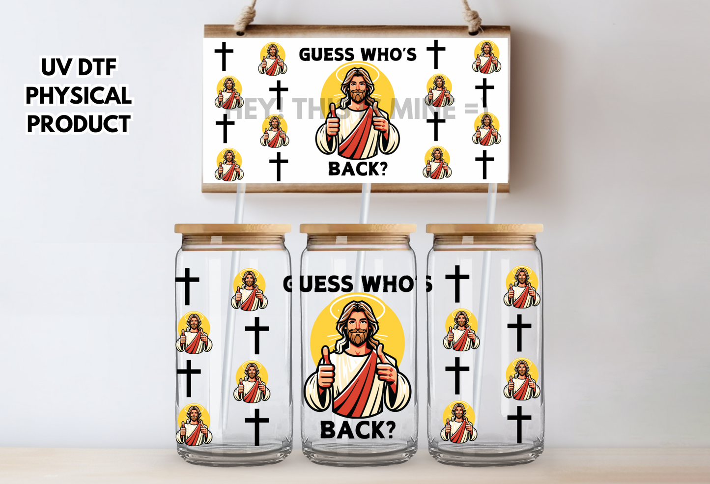 Guess Whose Back Easter Faith UV DTF Wrap Transfer 16oz | No Heat Needed | Waterproof | Permanent Adhesive