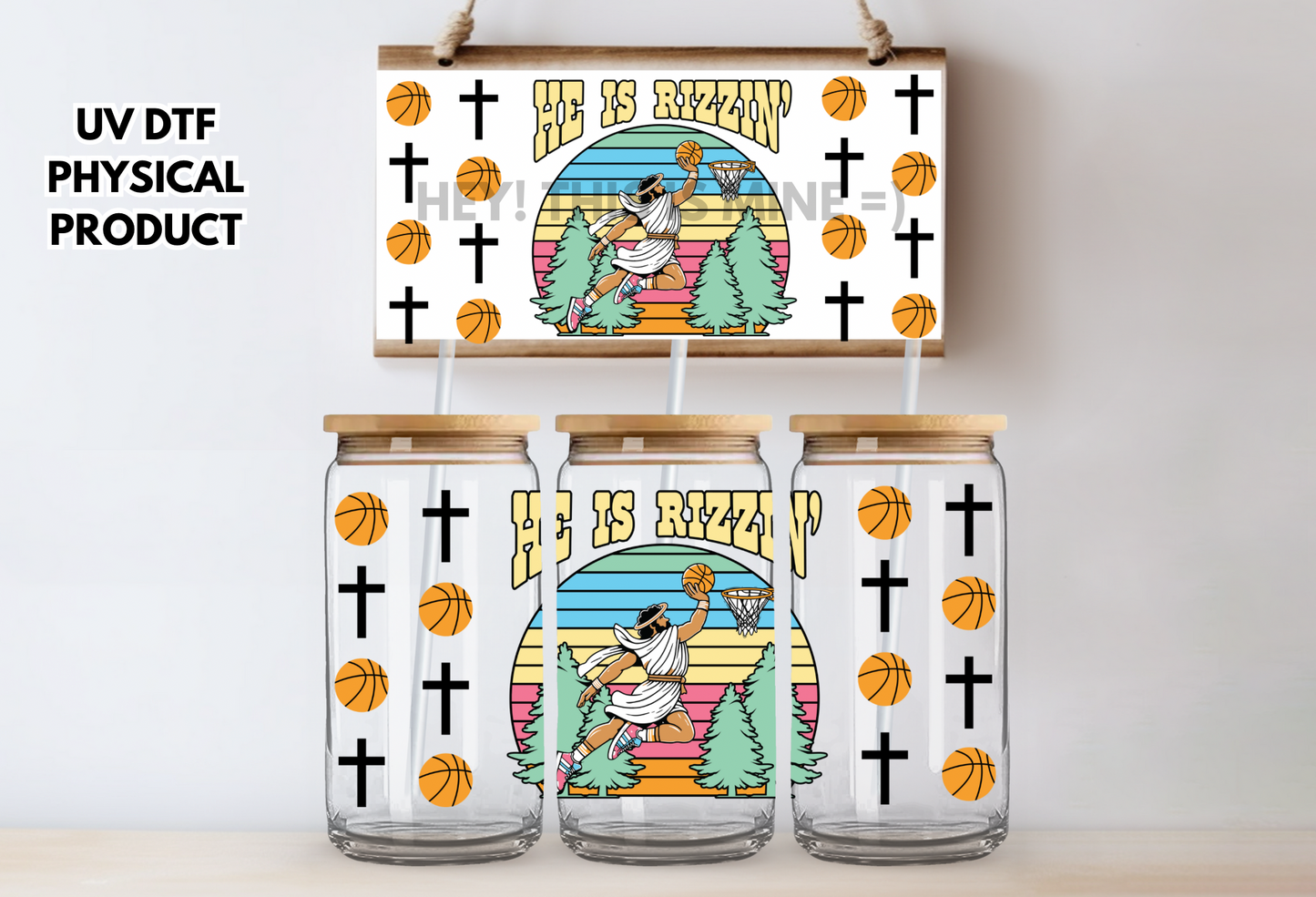 He Is Rizzin Jesus Dunking Easter Faith UV DTF Wrap Transfer 16oz | No Heat Needed | Waterproof | Permanent Adhesive