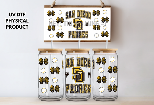 San Diego Padres Baseball Bows  UV DTF Wrap Transfer 16oz | No Heat Needed | Waterproof | Permanent Adhesive