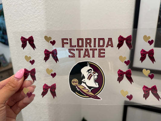FSU Seminoles Double Heart Bow UV DTF Wrap Transfer 16oz | No Heat Needed | Waterproof | Permanent Adhesive
