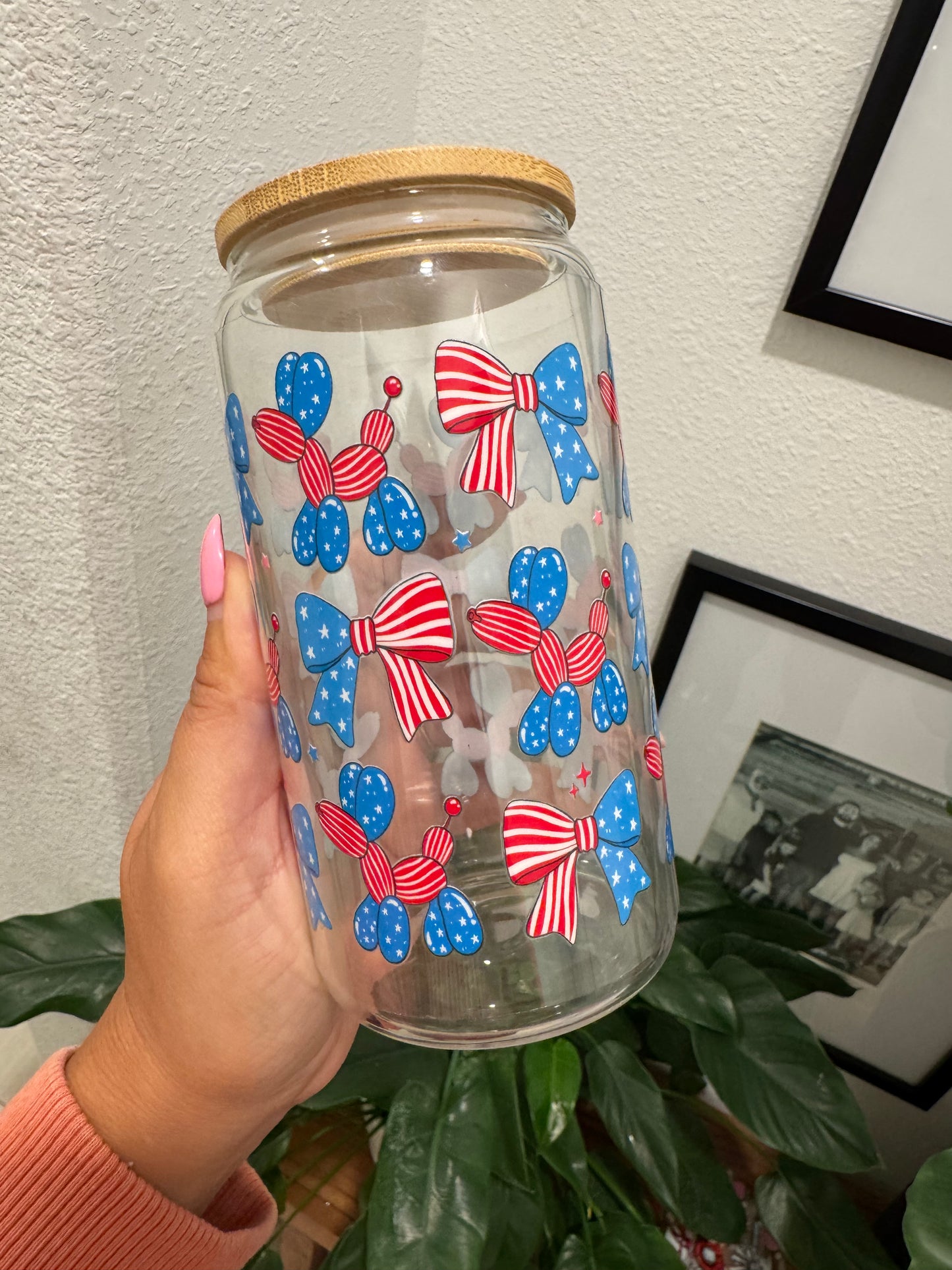 Red White and Blue Dog Bow Coquette Summertime July 4th UV DTF Wrap Transfer 16oz | No Heat Needed | Waterproof | Permanent Adhesive