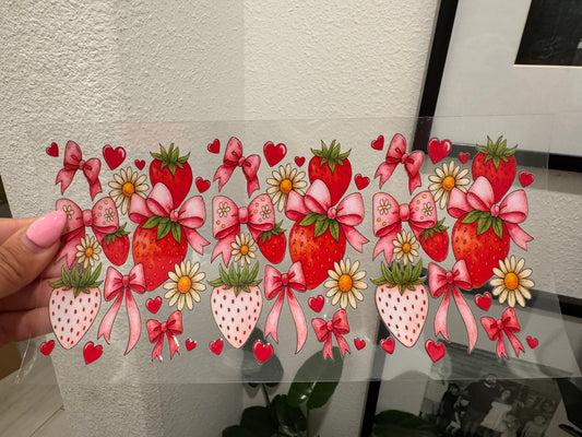 Strawberry Heart Bow Flower UV DTF Wrap Transfer 16oz | No Heat Needed | Waterproof | Permanent Adhesive