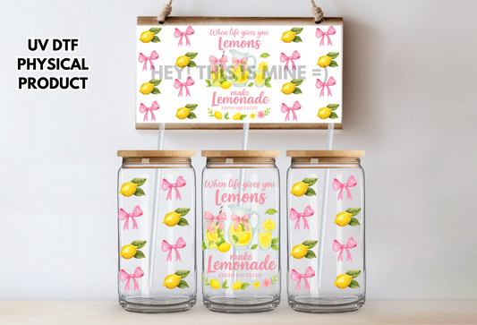 When Life Gives You Lemons Make Lemonade Bow Coquette Summer Summertime UV DTF Wrap Transfer 16oz | No Heat Needed | Waterproof | Permanent Adhesive