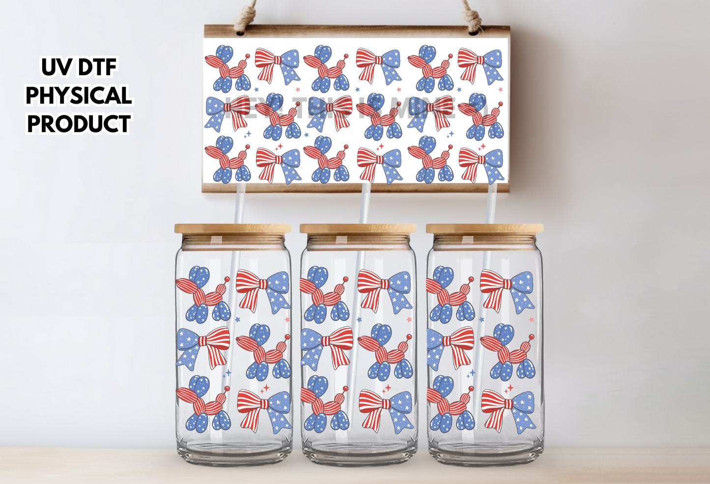 Red White and Blue Dog Bow Coquette Summertime July 4th UV DTF Wrap Transfer 16oz | No Heat Needed | Waterproof | Permanent Adhesive