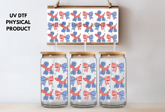 Red White and Blue Dog Bow Coquette Summertime July 4th UV DTF Wrap Transfer 16oz | No Heat Needed | Waterproof | Permanent Adhesive