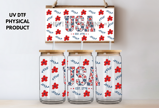 USA Floral Red White and Blue Summertime July 4th UV DTF Wrap Transfer 16oz | No Heat Needed | Waterproof | Permanent Adhesive