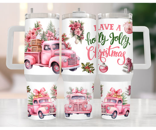 Have a Holly Jolly Christmas Pink 40 oz Christmas Tumbler with handle