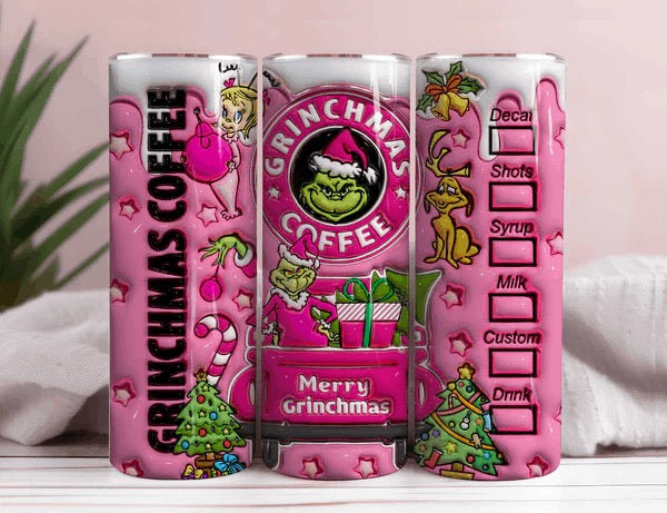 Grinchmas Pink Grinch Coffee 3D Inflated 20oz Christmas Tumbler