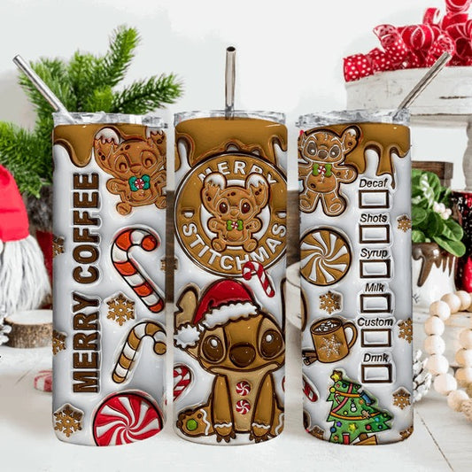 Stitch Merry Coffee 3D Inflated 20oz Christmas Tumbler