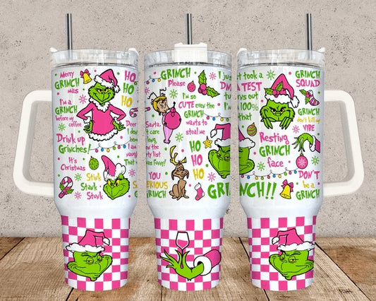 Grinch Checkered 40 oz Christmas Tumbler with handle